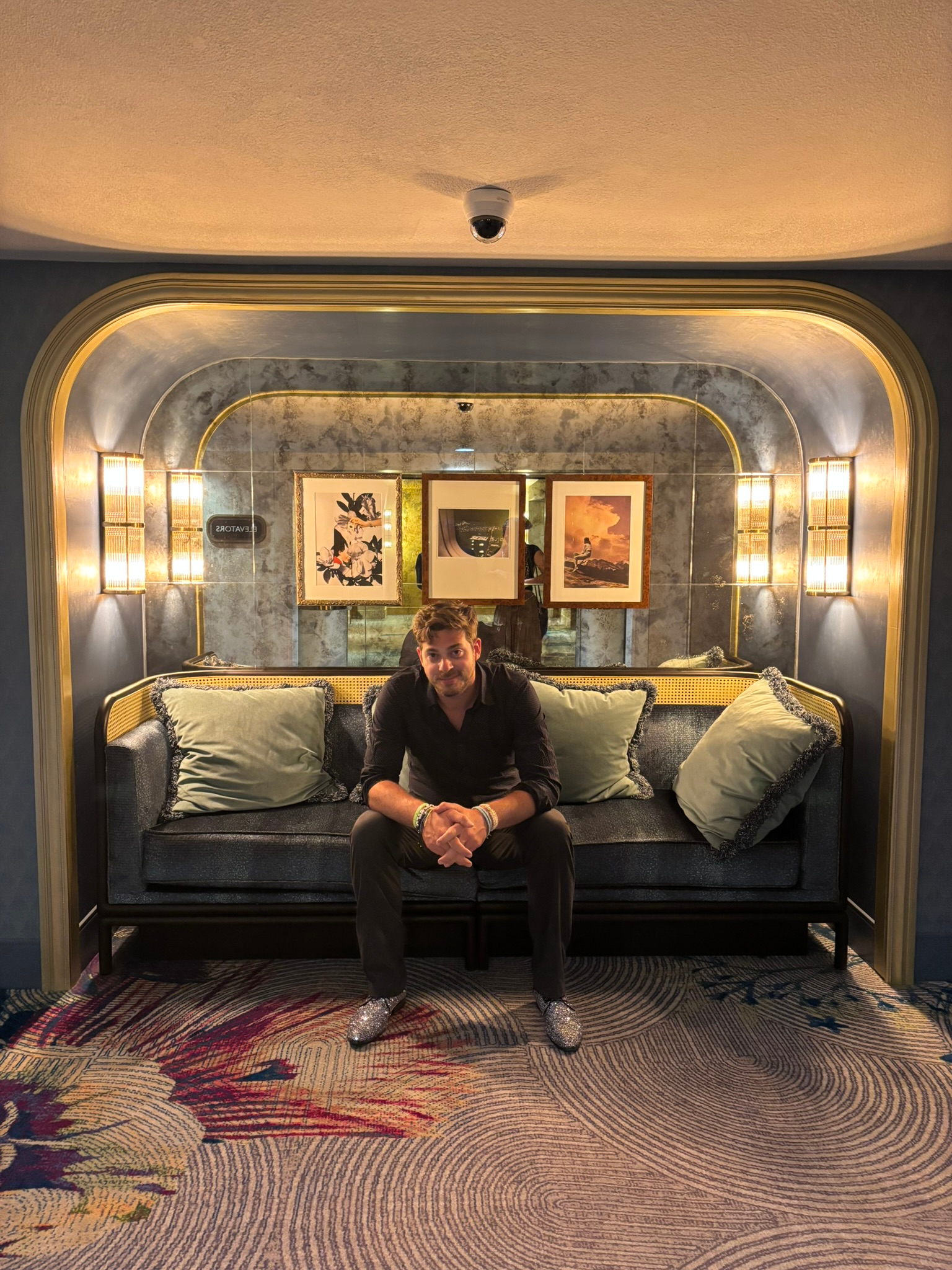 Stylish portrait in gold-trim lounge